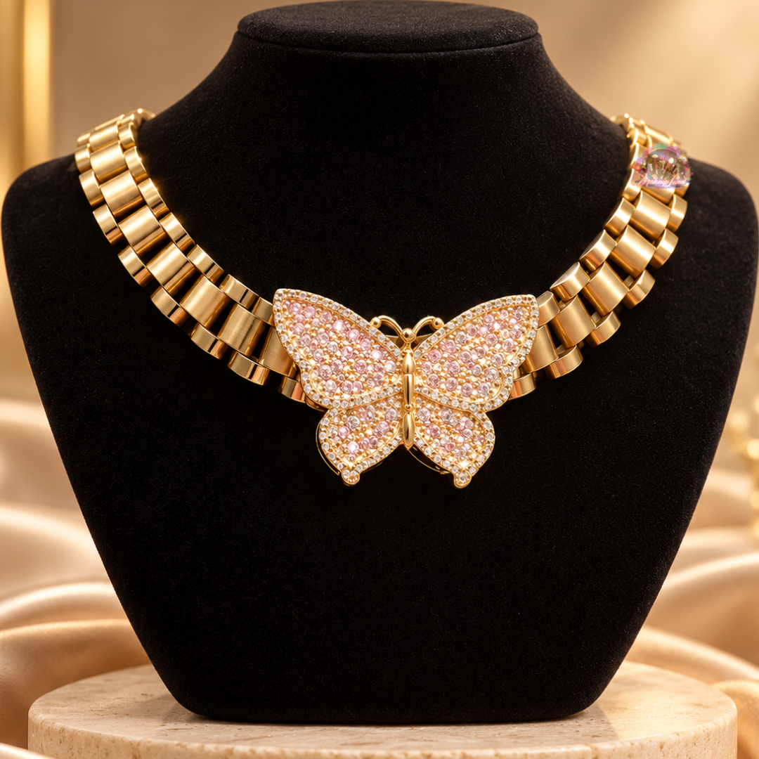 Gold Plated Pink Iced Butterfly Necklace