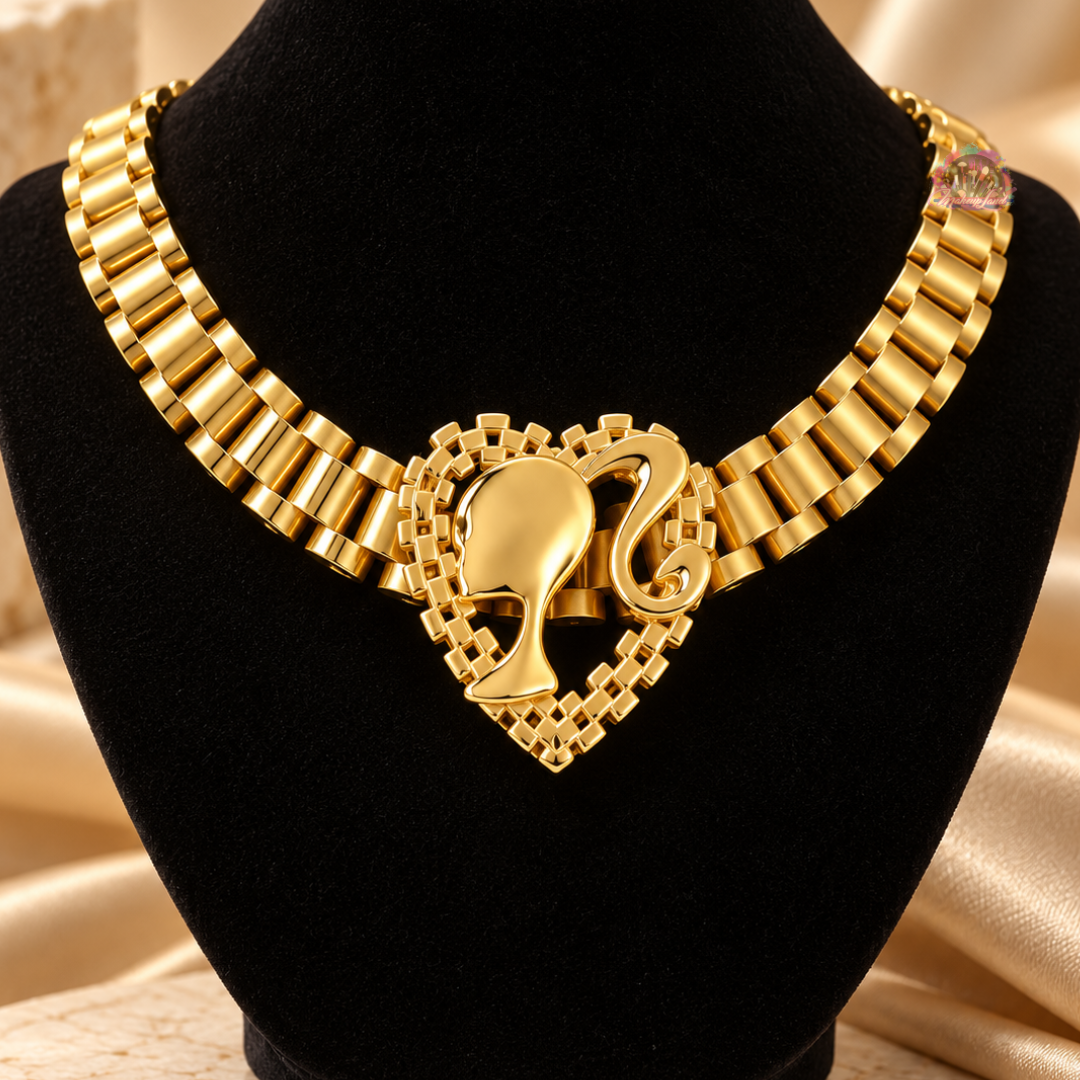 Gold Plated Link Chair Heart with Doll Head Necklace
