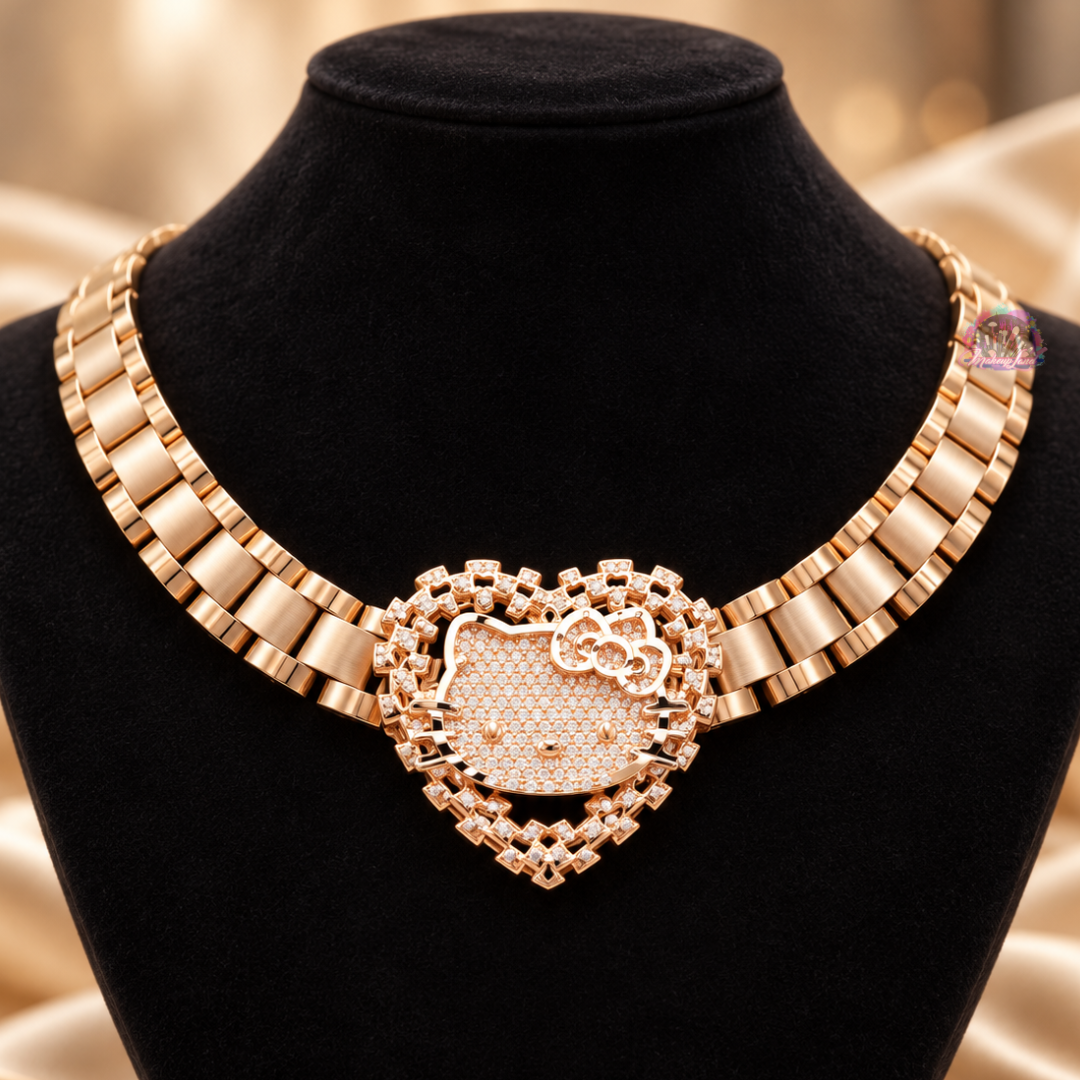 Gold Plated Chain Link Hear with Iced Kitty Head Necklace