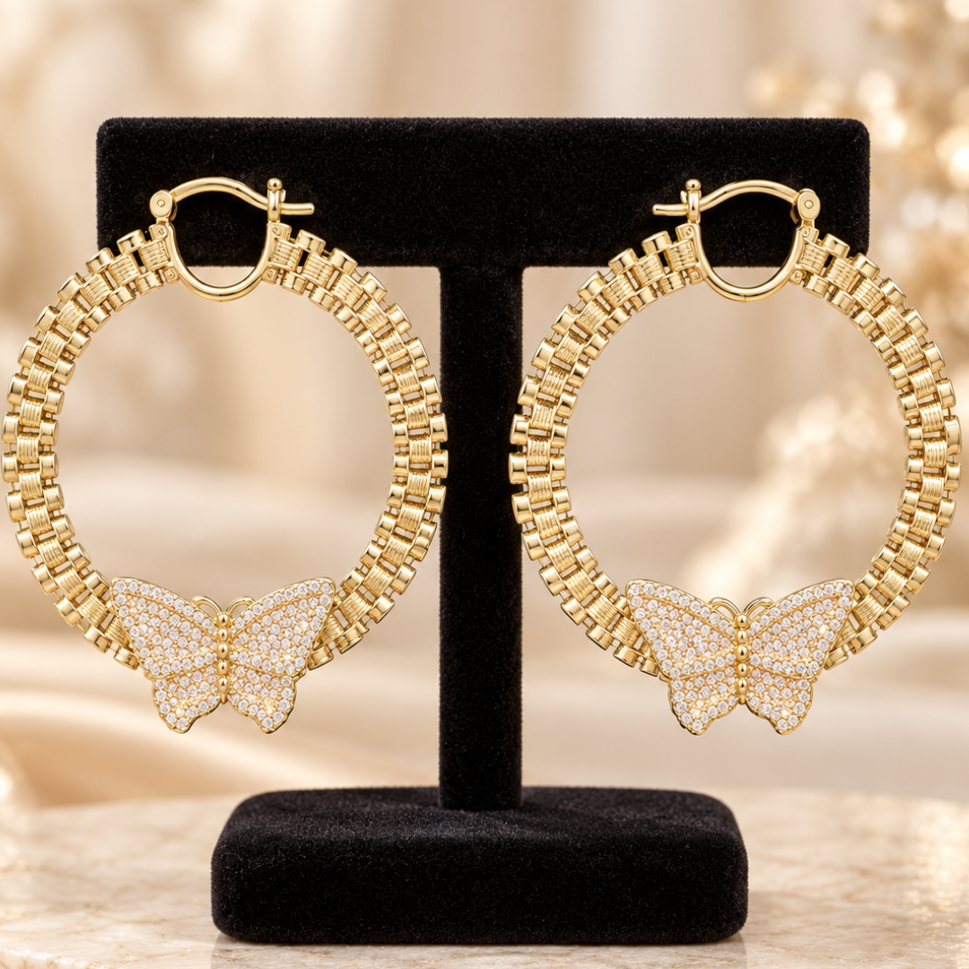 Gold Plated Link Chain Iced Butterfly Earrings