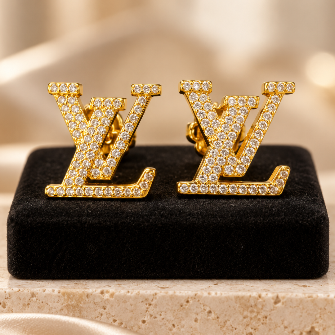 Gold Plated LV Iced Stud Earrings