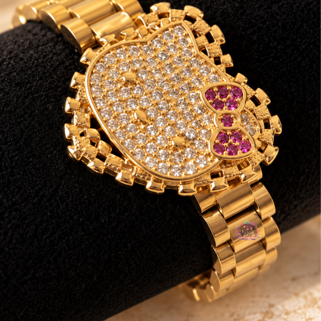 Gold Plated Iced Kity Head Bracelet link chain band.