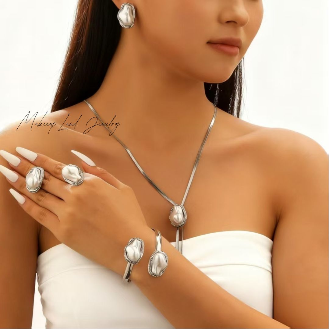Women Baroque Pearl Four-Piece Set Necklace Earrings Ring and Bracelet for Formal Events Weddings and Bridal