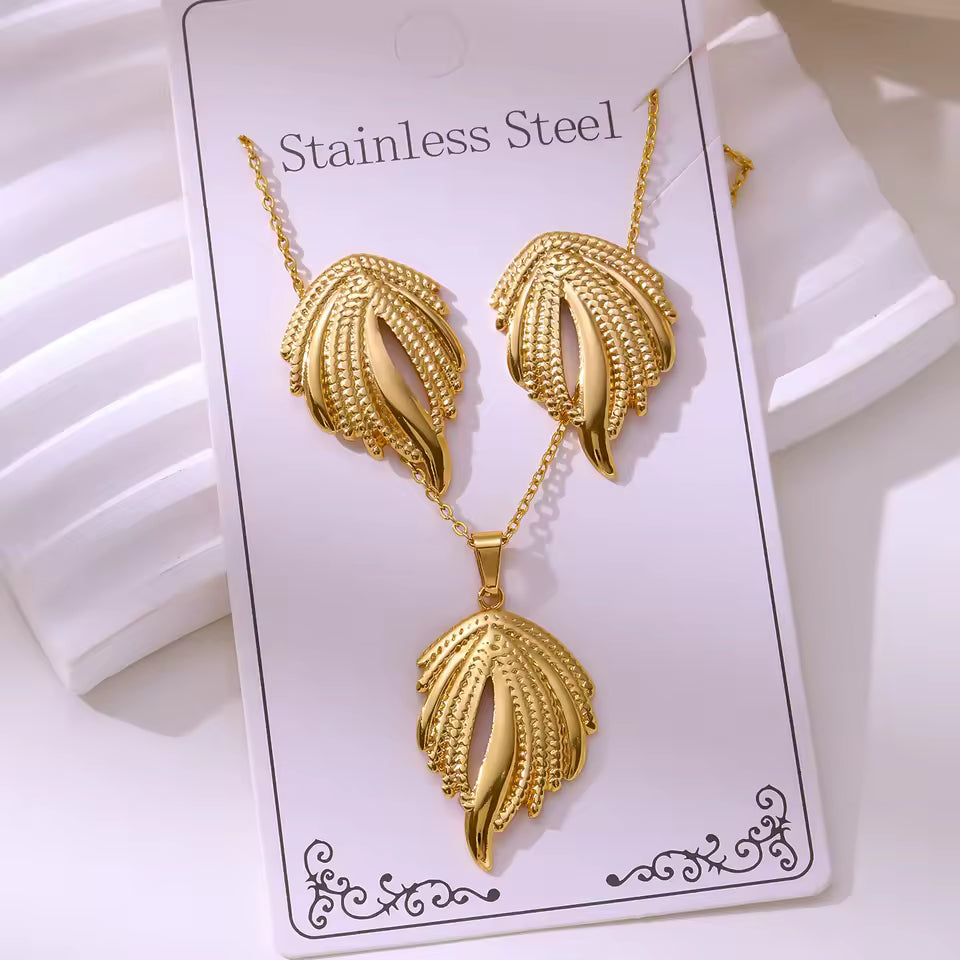 Gold Plated Leaf Shaped Stainless Steel Earring and Necklace Set