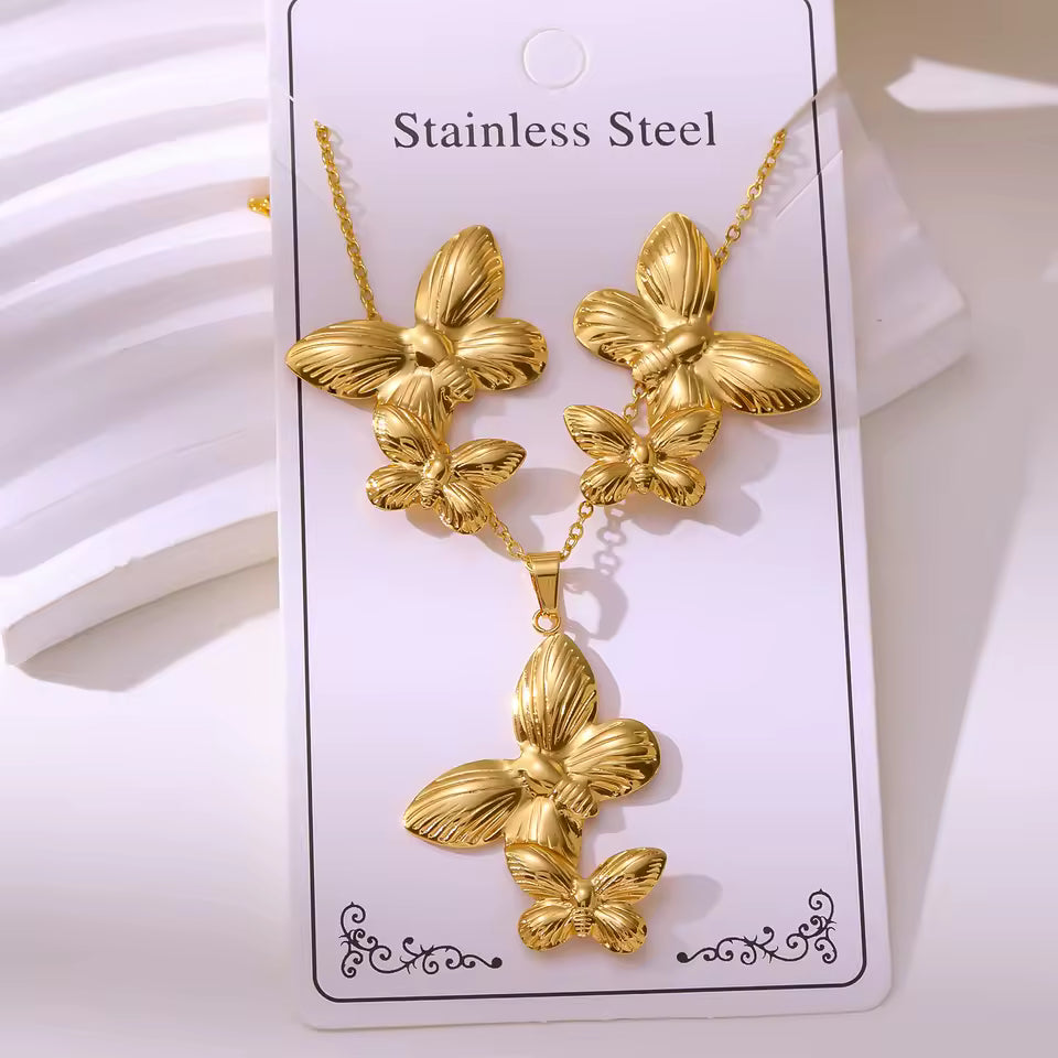 Gold Plated Butterfly Jewelry Stainless Earrings and Necklace Set