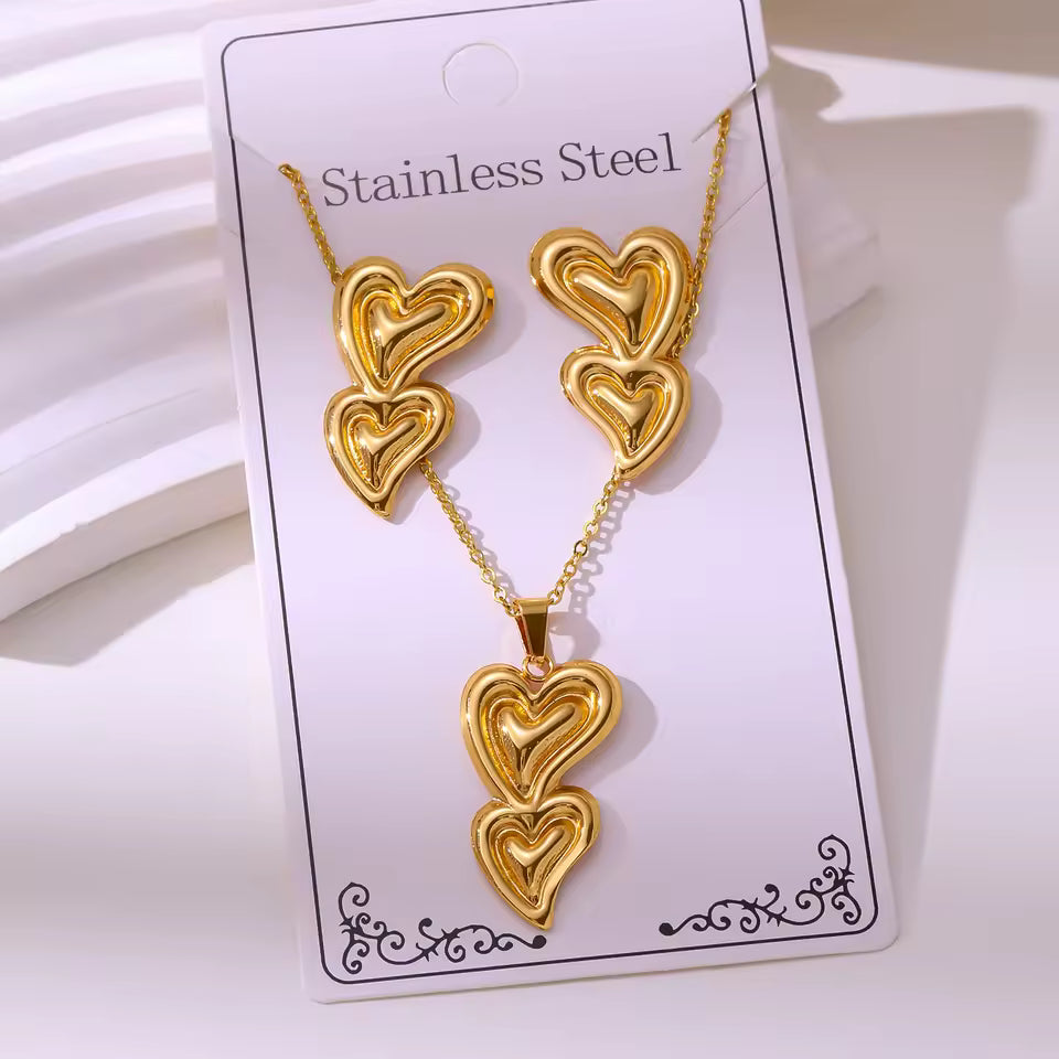 Gold  Plated Stainless Stell Heart Earring and Necklace Set