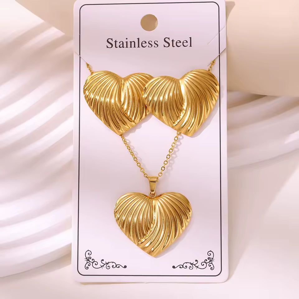 Gold Plated Heart Earrings and Necklace Set
